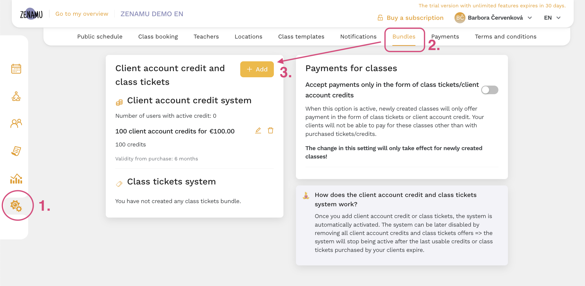 Settings credit system - reservation system Zenamu