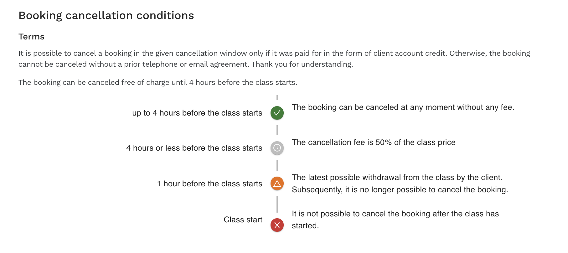 Cancellation policies on the public schedule - Zenamu reservation system