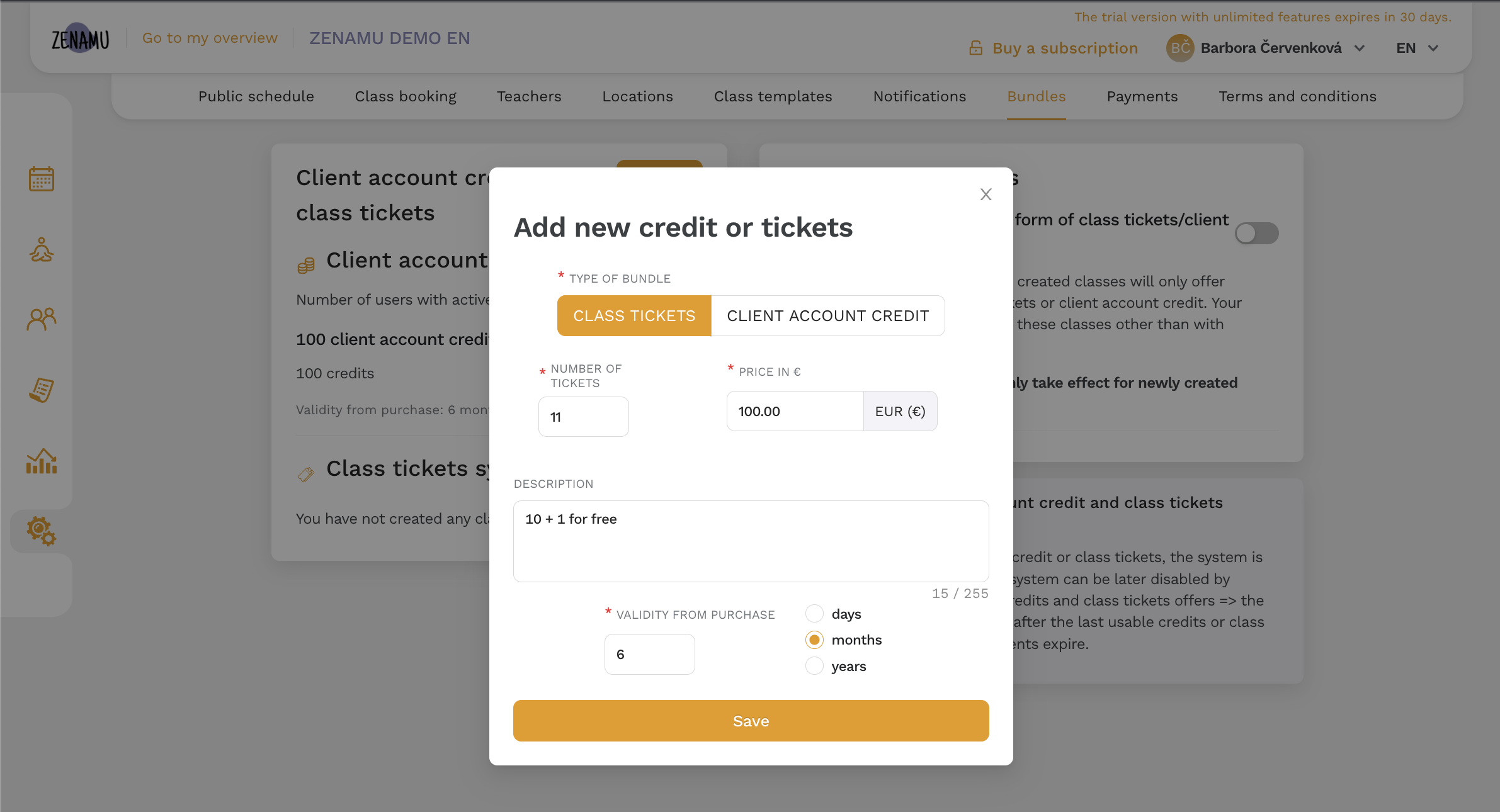 Adding credits in the system - Zenamu booking system
