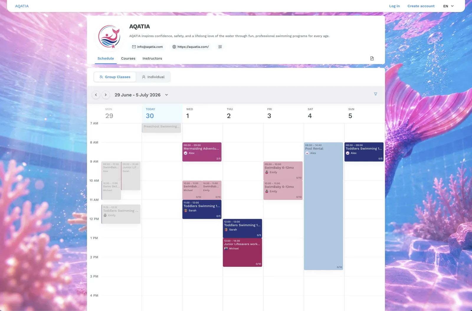 Zenamu weekly class schedule for a swimming school