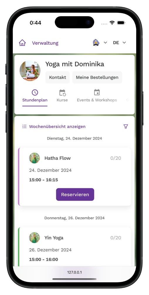 Zenamu Mobile-App für Buchungen
