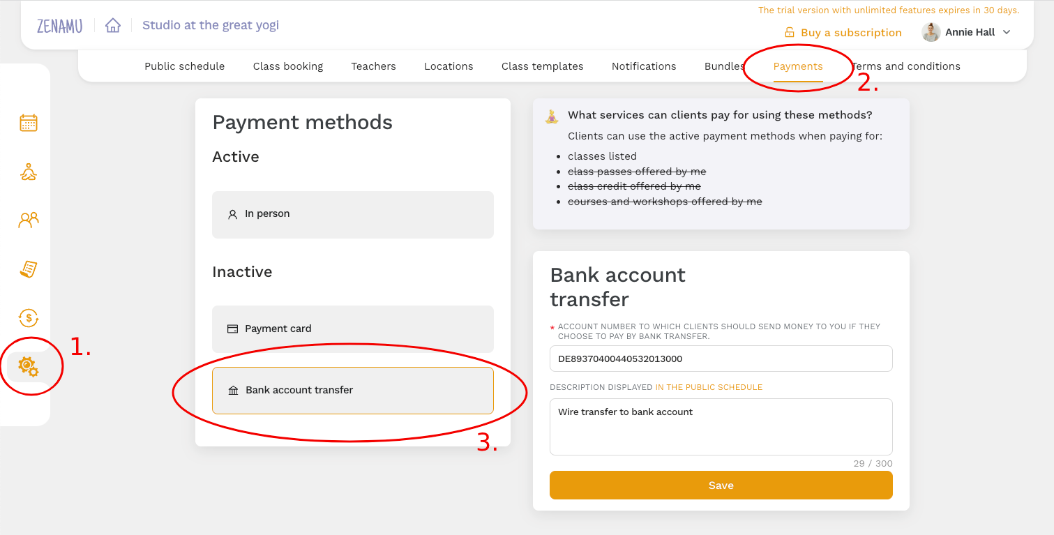 configuración de transferencia bancaria en Zenamu