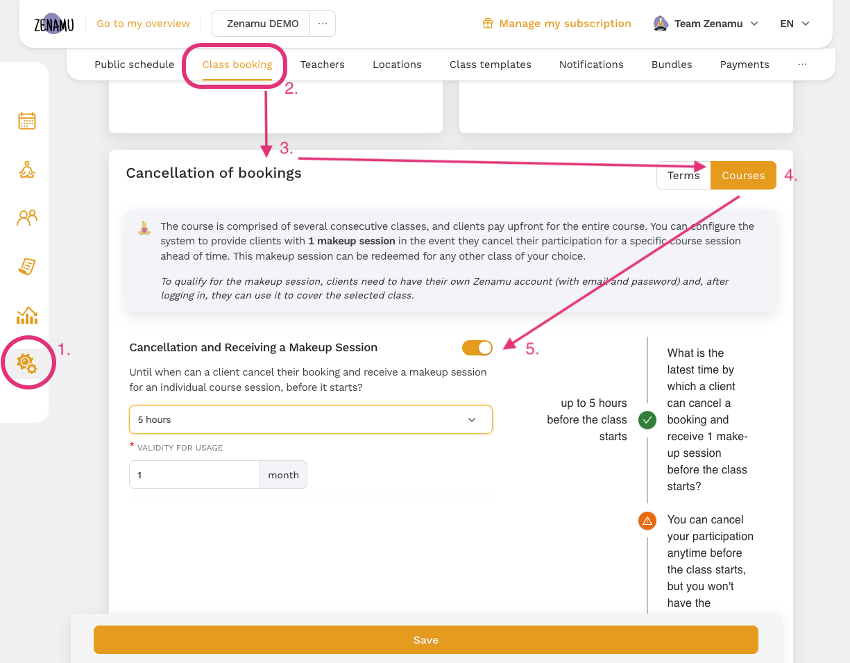 Sistema de reservas, configuración de cancelación para cursos