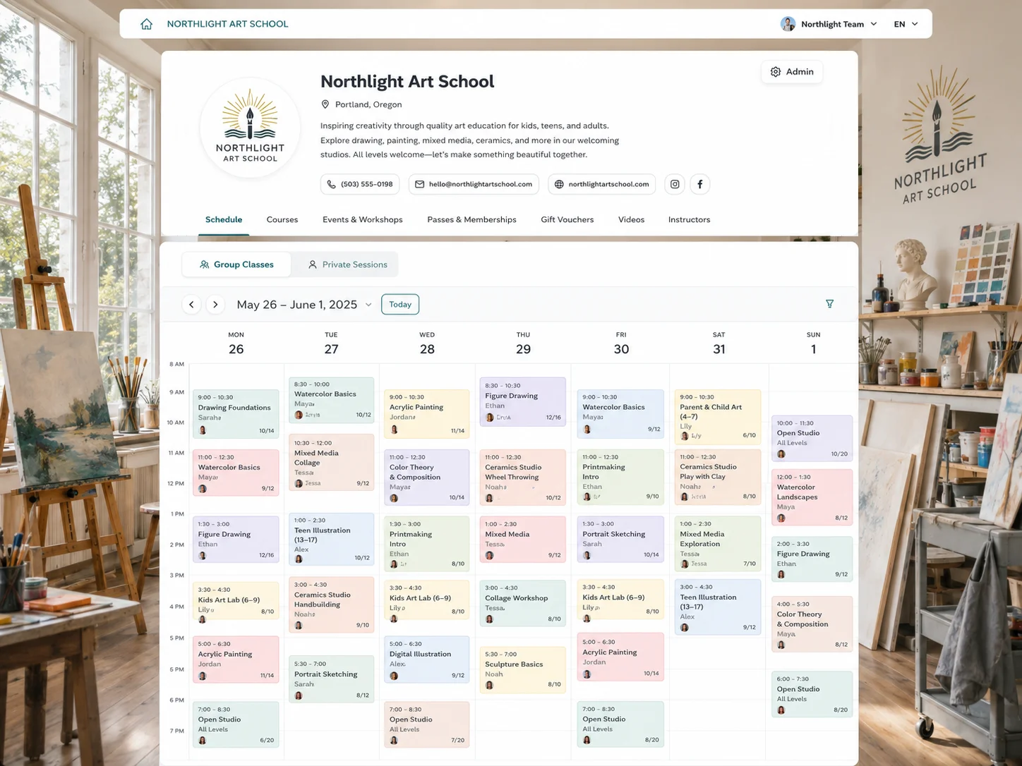 Calendrier de réservation Zenamu avec les cours, les horaires et les présences