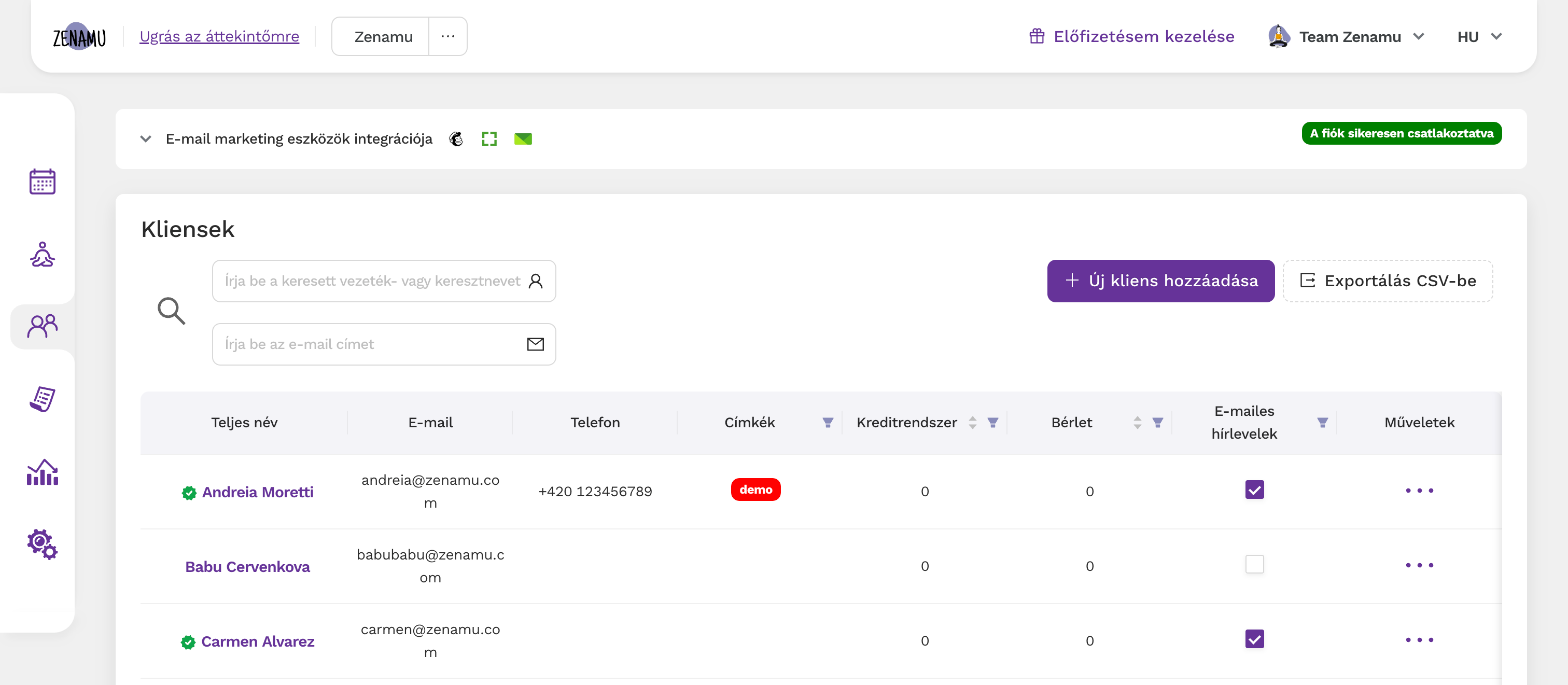 Ügyféllista a Zenamuban