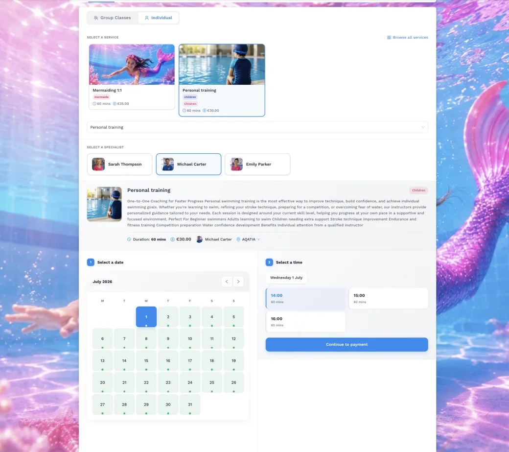 Online booking for swimming lessons in Zenamu