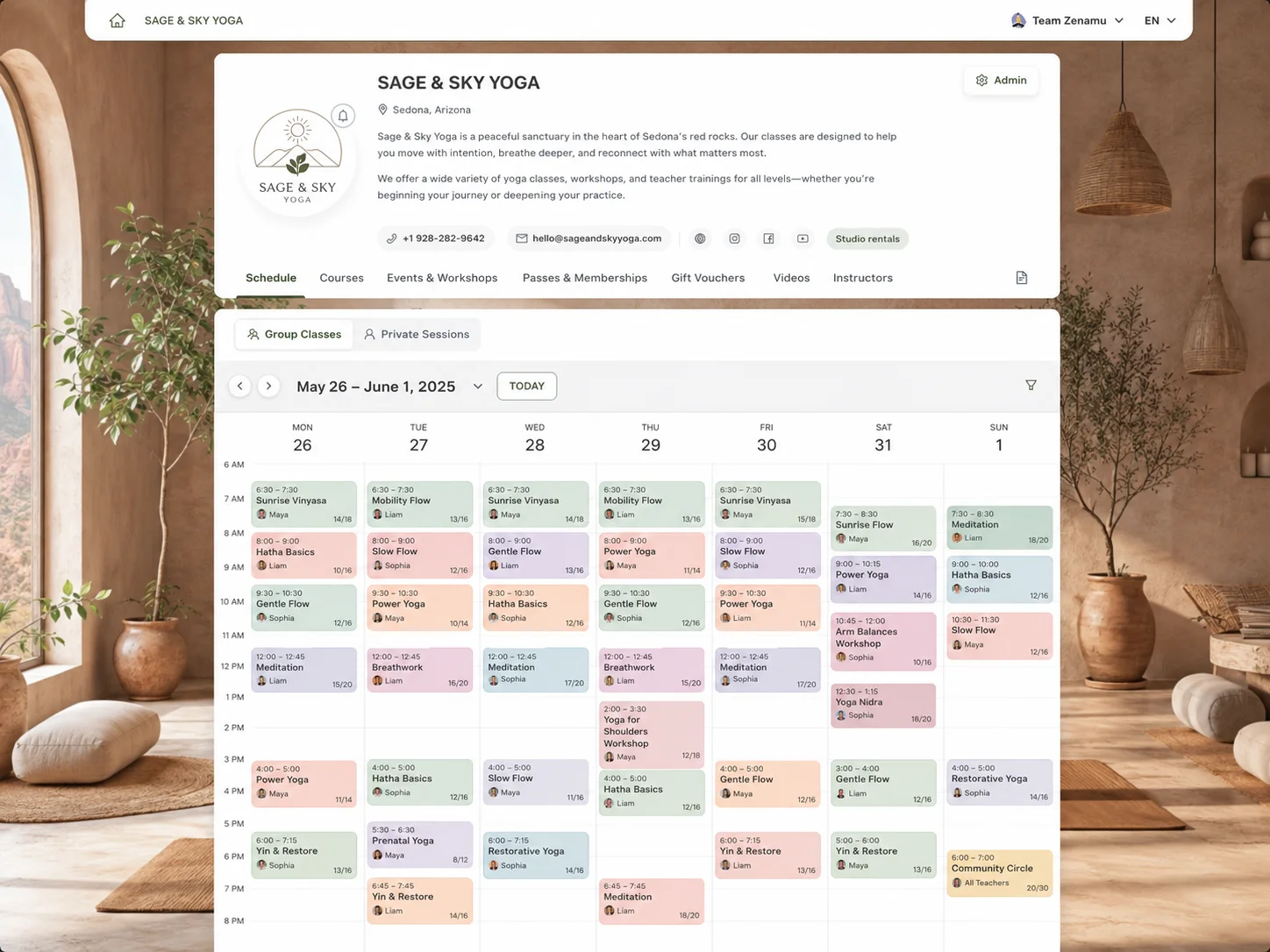 Zenamu-bookingkalender med gruppetimer, tidspunkter og oppmøte