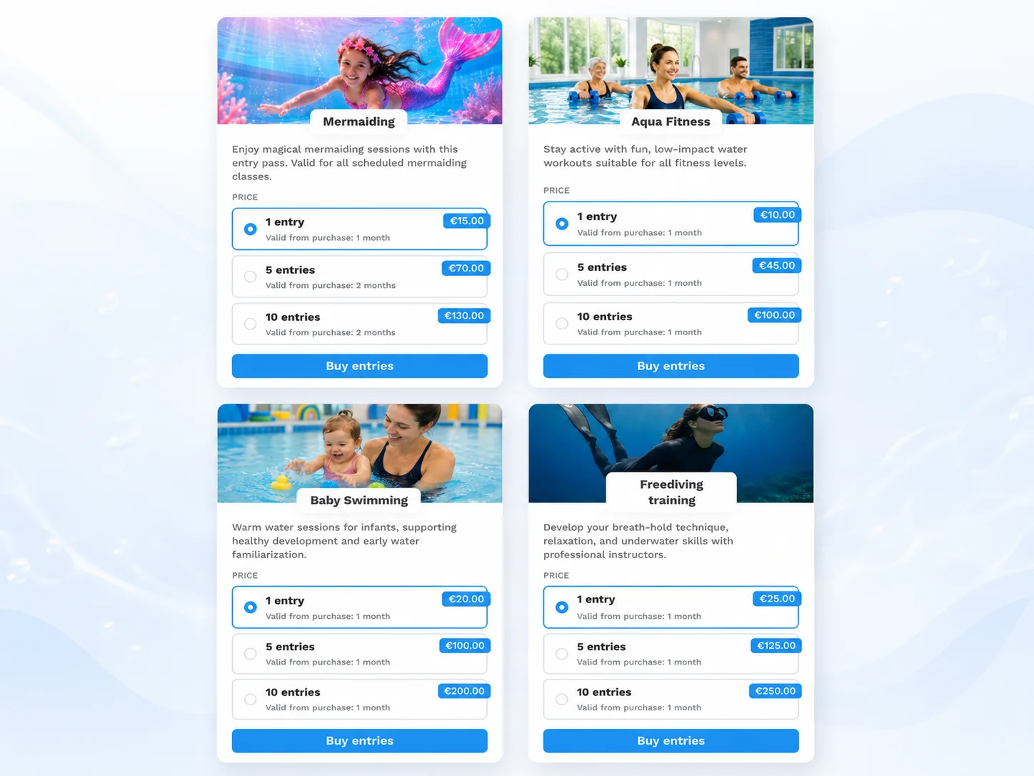 Four pass categories on a public booking page, each with its own entry options and prices