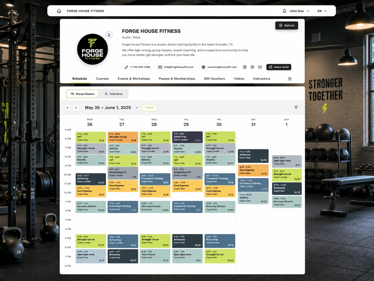 Zenamus bokningskalender med pass, tider och närvaro